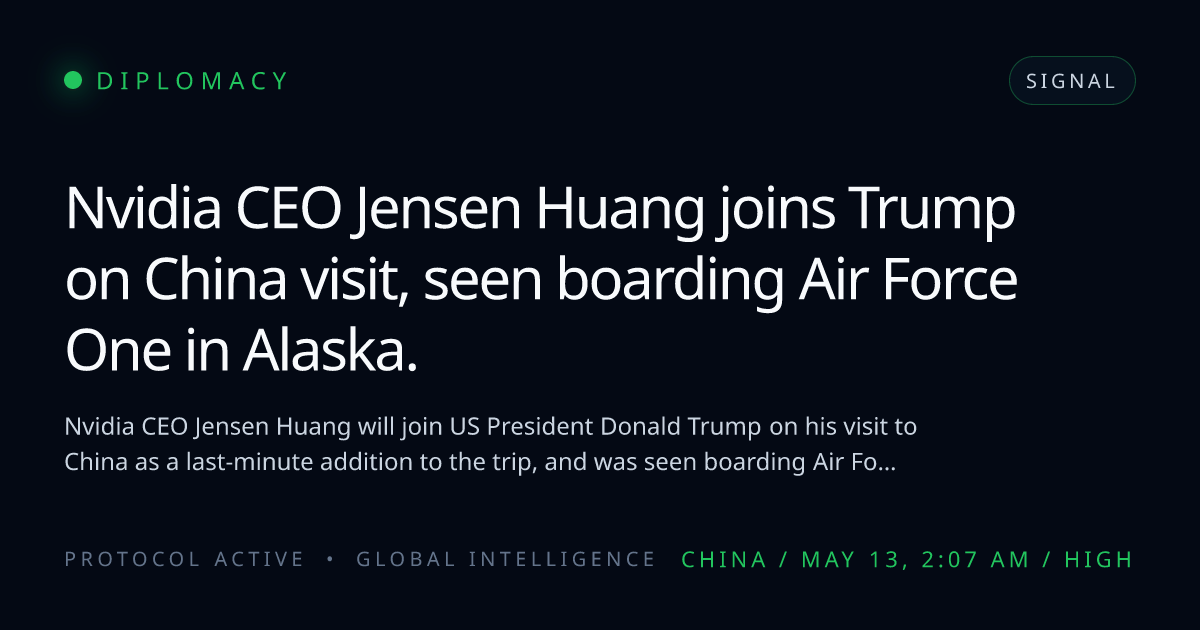 Nvidia CEO Jensen Huang joins Trump on China visit, seen boarding Air Force One in Alaska.